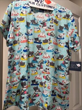 Light Blue Cat Print V-Neck Scrub Top